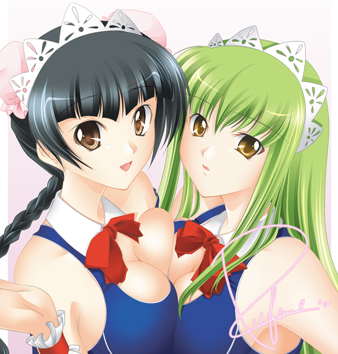 tsubame (minami haruka), c.c., wang liu mei, code geass, gundam, gundam 00, bad id, bad pixiv id, 00s, 2girls, black hair, braid, breast press, breasts, brown eyes, bun cover, cleavage, crossover, double bun, green hair, large breasts, long hair, maid, multiple girls, symmetrical docking, twin braids, yellow eyes