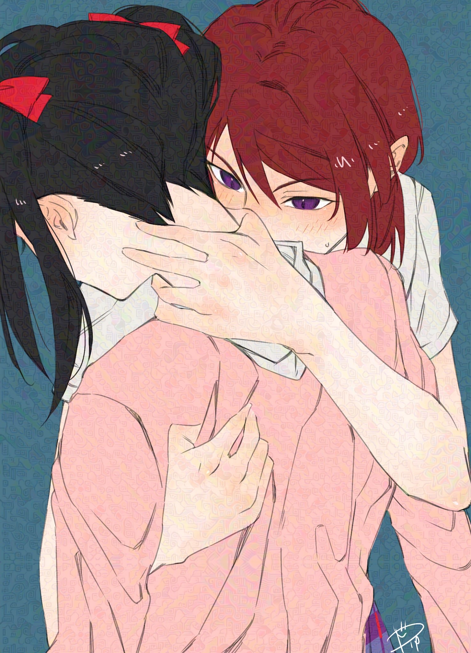 surfacedxxc, nishikino maki, yazawa nico, love live!, love live! school idol project, adversarial noise, commentary, hashtag-only commentary, highres, 2girls, black hair, blue background, blush, bow, cardigan, hair bow, hand on another's neck, medium hair, multiple girls, otonokizaka school uniform, pink cardigan, purple eyes, red bow, red hair, school uniform, shirt, short sleeves, sweat, twintails, white shirt, yuri