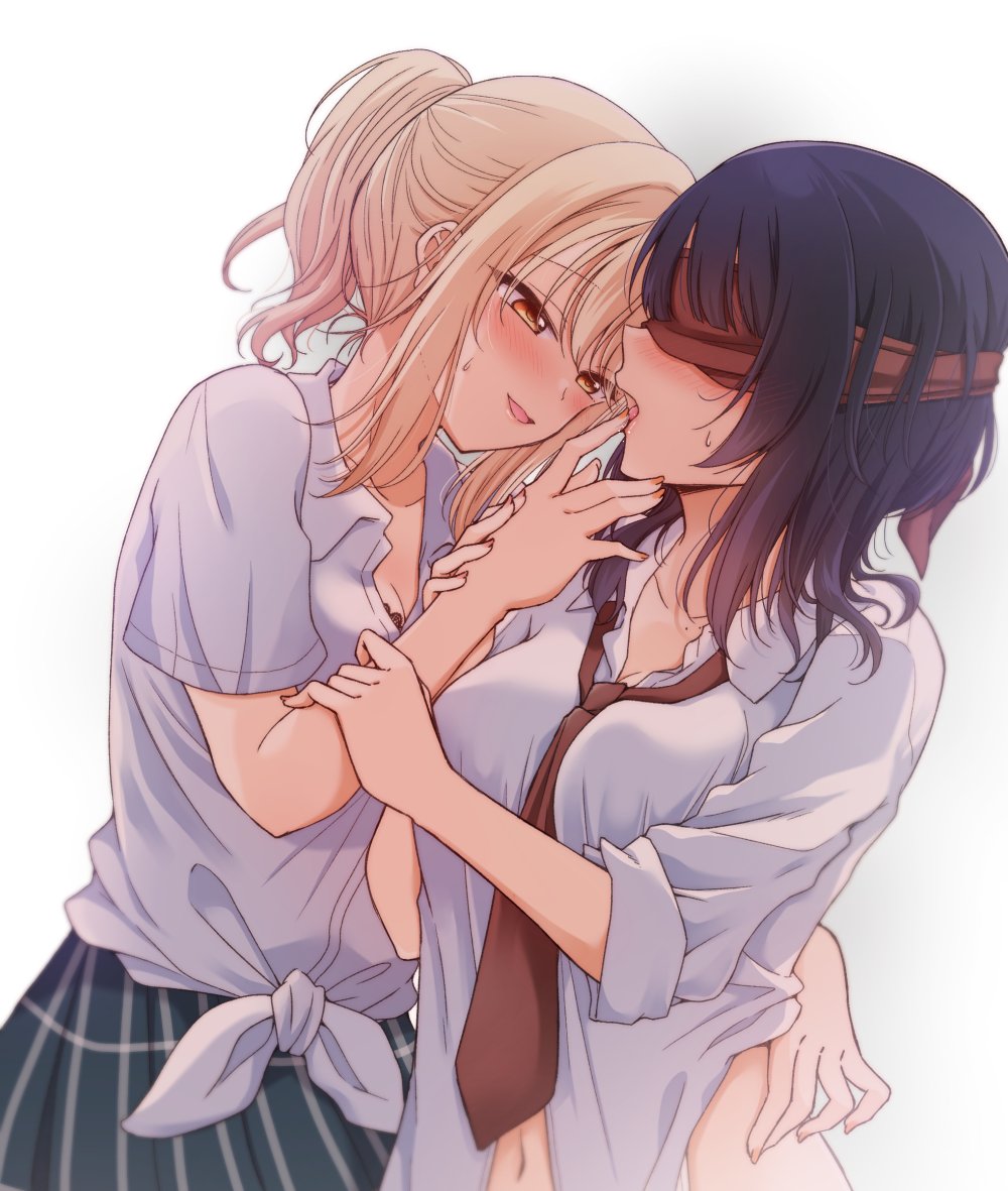 kuroda roku, asaka karin, miyashita ai, love live!, love live! nijigasaki high school idol club, commentary request, 2girls, blindfold, blonde hair, blue skirt, blush, breasts, brown necktie, cleavage, collared shirt, finger in another's mouth, holding another's wrist, long hair, multiple girls, necktie, nijigasaki school uniform, open collar, orange eyes, parted lips, plaid clothes, plaid skirt, pleated skirt, ponytail, purple hair, saliva, school uniform, shirt, simple background, skirt, smile, sweat, tongue, white background, white shirt, yuri