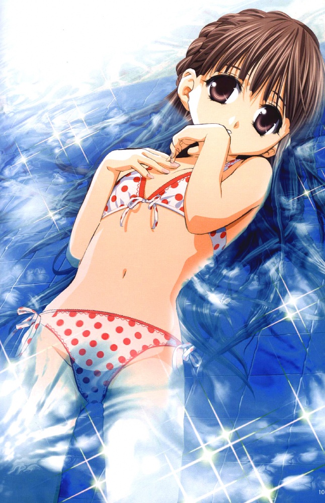 karen (sister princess), sister princess, non-web source, 00s, 1girl, afloat, bikini, braid, brown eyes, brown hair, child, female focus, flat chest, long hair, lying, navel, on back, partially submerged, polka dot, polka dot bikini, polka dot swimsuit, pool, side-tie bikini bottom, solo, sparkle, submerged, swimsuit, water, white bikini