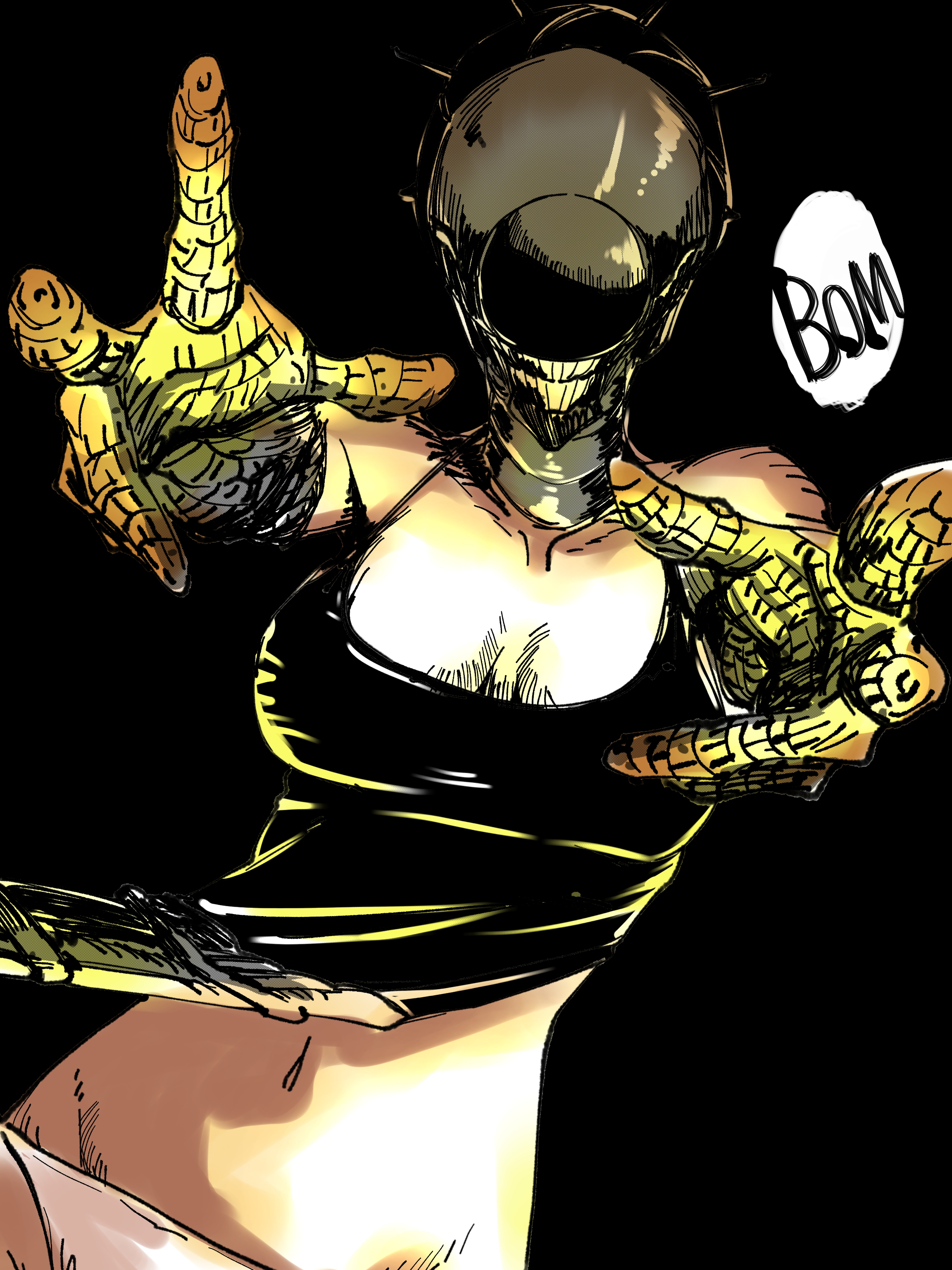 usagimi biri, bomb devil (chainsaw man), chainsaw man, absurdres, commentary request, highres, 1girl, apron, black apron, black background, breasts, gloves, looking at viewer, medium breasts, navel, panties, reaching, reaching towards viewer, solo, teeth, underwear, white panties, yellow gloves
