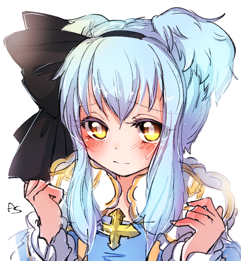 asuta (kinakomoti300), arch bishop (ragnarok online), ragnarok online, commentary request, 1girl, black bow, blue dress, blue hair, blush, bow, closed mouth, cross, dress, frilled dress, frills, hair bow, hands up, long hair, looking at viewer, official alternate costume, raised inner eyebrows, simple background, solo, two-tone dress, upper body, white background, white dress, yellow eyes