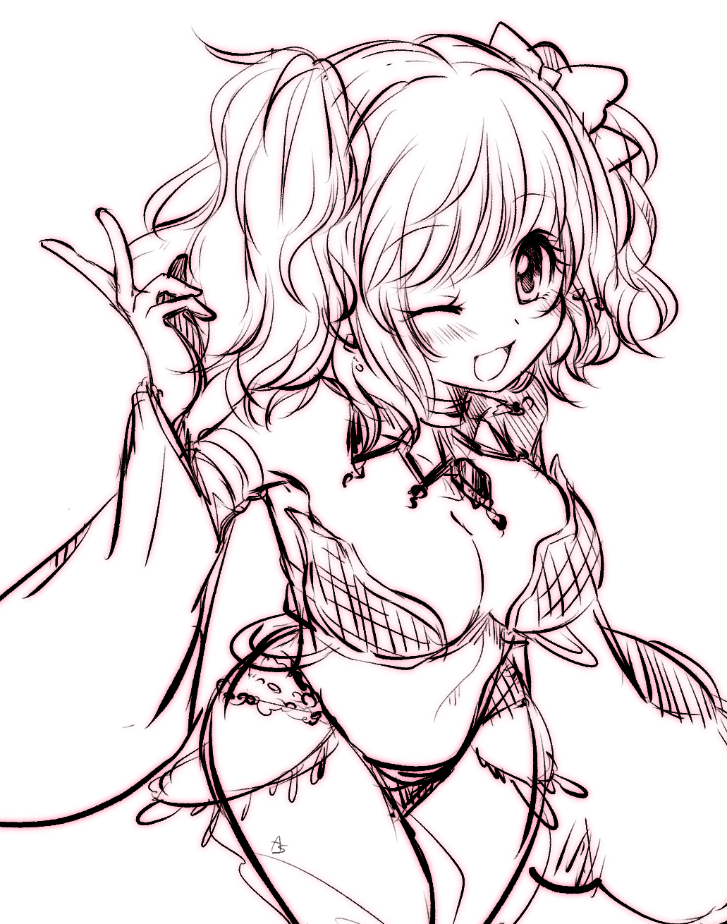 asuta (kinakomoti300), gypsy (ragnarok online), ragnarok online, commentary request, highres, 1girl, :d, bikini, blush, breasts, cleavage, cowboy shot, detached sleeves, greyscale, large breasts, looking at viewer, monochrome, one eye closed, open mouth, simple background, sketch, smile, solo, swimsuit, two side up