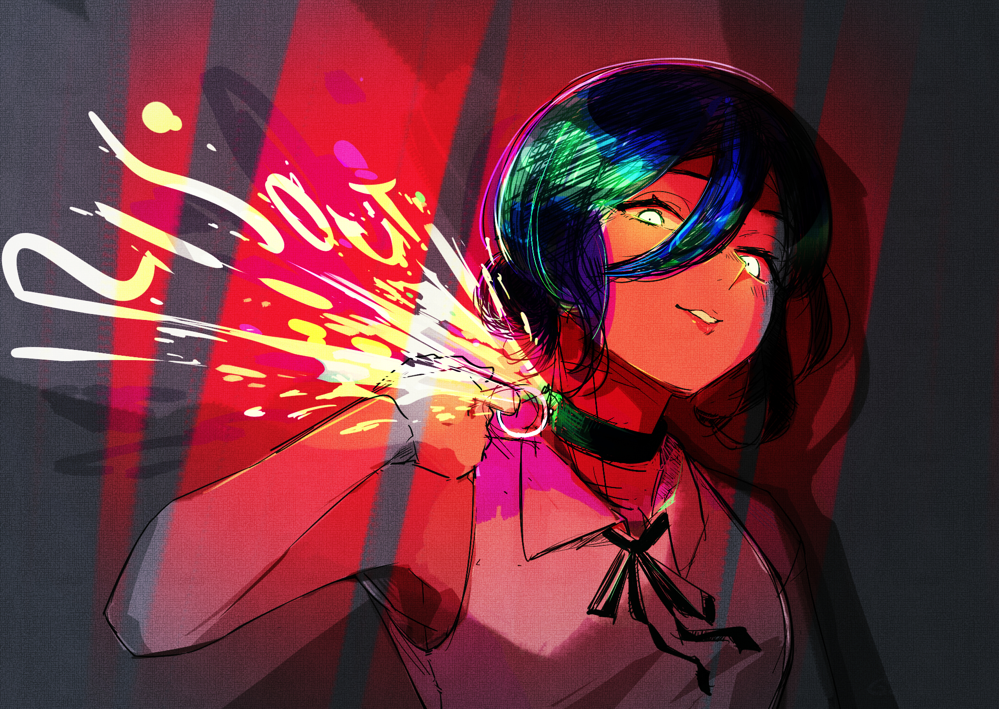 miyashitagutei, reze (chainsaw man), chainsaw man, highres, 1girl, black choker, black ribbon, blue hair, choker, collared shirt, green eyes, hair between eyes, imminent explosion, looking at viewer, neck ribbon, ribbon, shirt, sleeveless, sleeveless shirt, solo, sparks