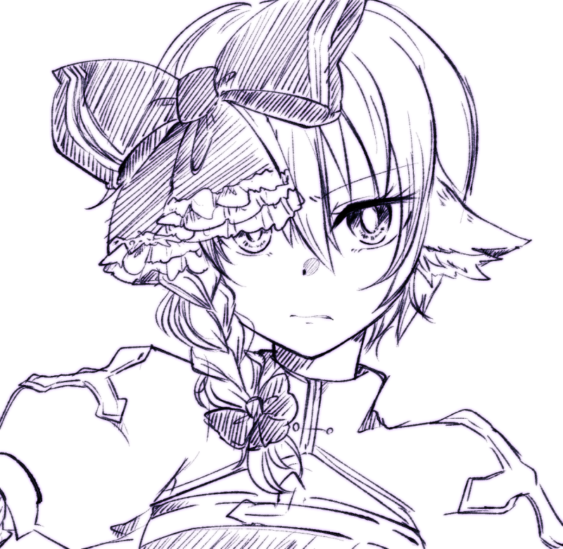 asuta (kinakomoti300), arch bishop (ragnarok online), ragnarok online, commentary request, 1girl, animal ears, bow, bow over eyes, braid, closed mouth, cross, frown, greyscale, hair between eyes, hair bow, juliet sleeves, long sleeves, looking at viewer, medium hair, monochrome, puffy sleeves, side braid, simple background, single braid, solo, upper body, v-shaped eyebrows