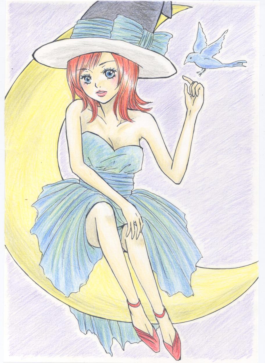 lunaringo, mage (dq3), chunsoft, dragon quest, dragon quest iii, enix, highres, bird, blue eyes, dress, hat, moon, red hair, short hair, solo, witch, witch hat