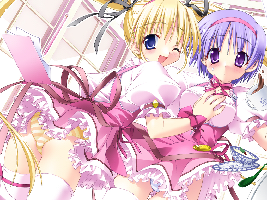 shibugaki matsuri, tachibana chihiro, tsuki wa higashi ni hi wa nishi ni, 00s, apron, blonde hair, blue eyes, blue hair, bowl, clipboard, coffee, frills, one eye closed, panties, pantyshot, purple eyes, striped clothes, striped panties, thighhighs, underwear, waitress, white panties, wink