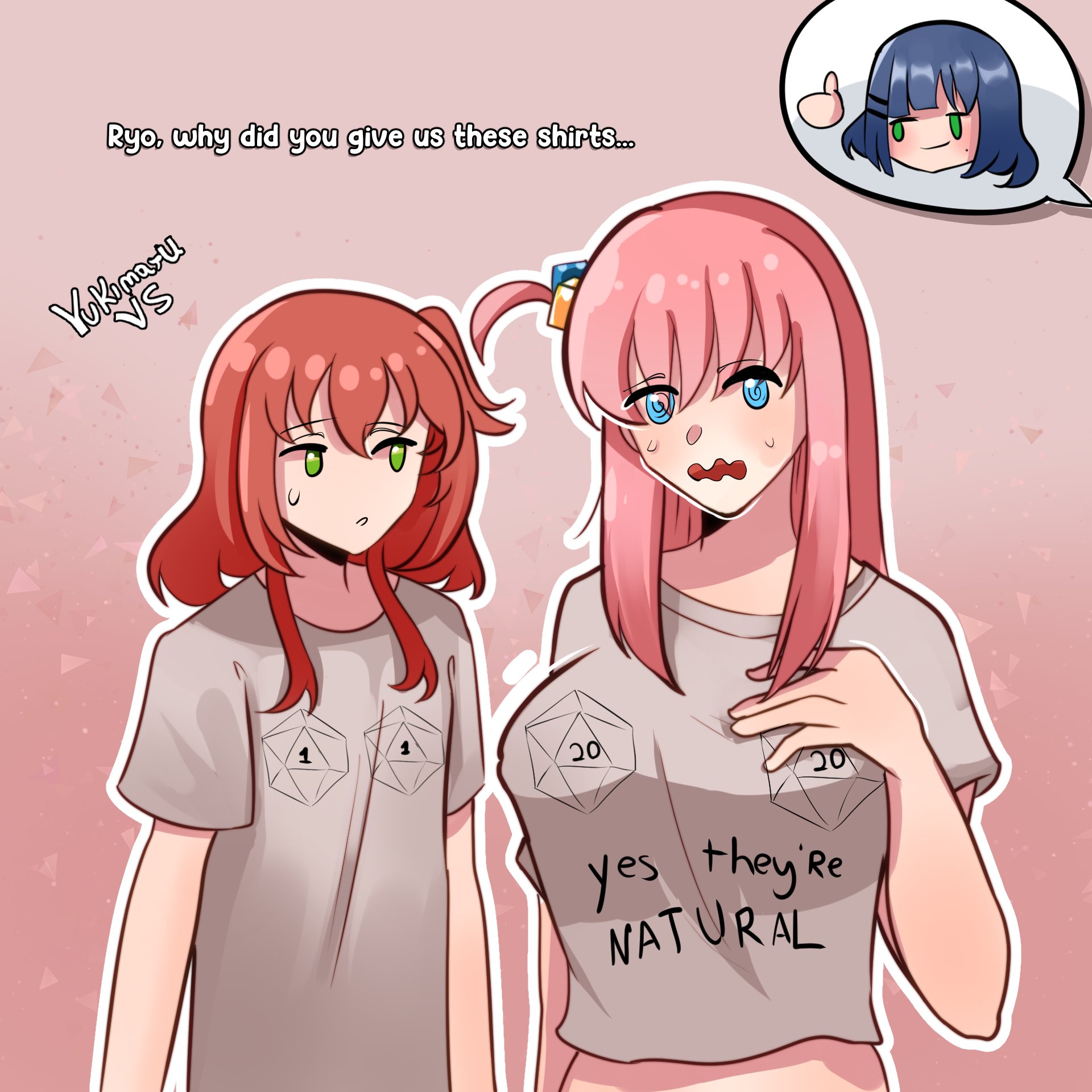 yukimaruvs, gotoh hitori, kita ikuyo, yamada ryo, bocchi the rock!, highres, 3girls, @ @, blue eyes, breasts, english text, flat chest, green eyes, large breasts, multiple girls, pink hair, red hair, shirt, upper body