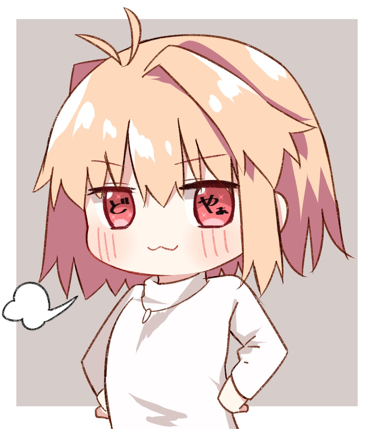 exa (koyuru), arcueid brunestud, tsukihime, tsukihime (remake), highres, translation request, 1girl, :3, ahoge, blonde hair, blush, chibi, hands on own hips, jewelry, looking at viewer, necklace, red eyes, short hair, sigh, smile, smug, sweater, turtleneck, white sweater
