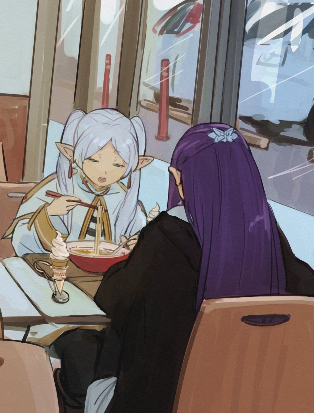 higemu, fern (sousou no frieren), frieren, sousou no frieren, highres, 2girls, alternate universe, car, contemporary, dress, eating, elf, food, from behind, ice cream, long hair, long sleeves, motor vehicle, multiple girls, noodles, pointy ears, purple hair, ramen, restaurant, sitting, twintails