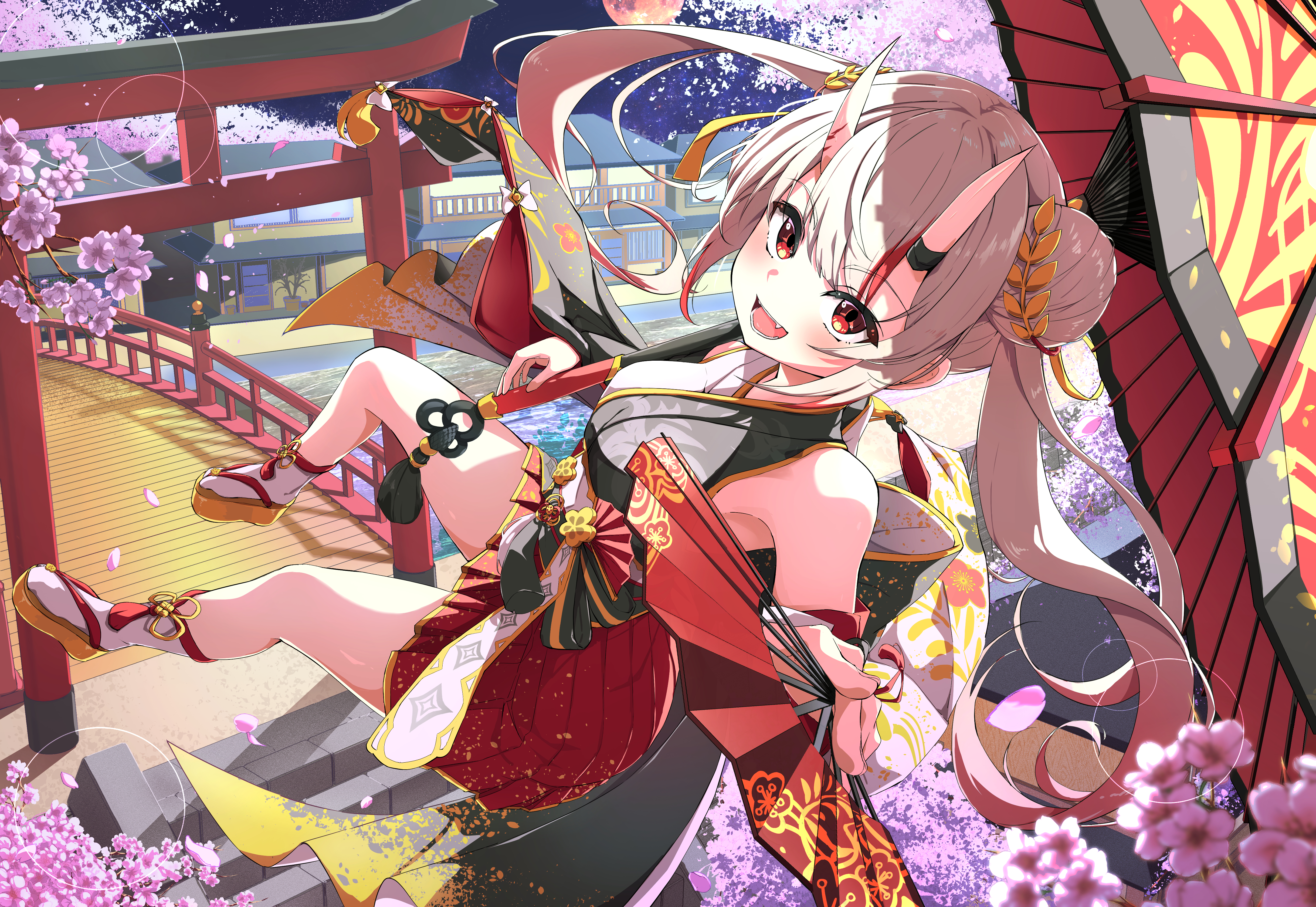 fumi (fumibeing), nakiri ayame, hololive, absurdres, highres, grey hair, horns, japanese clothes, oni, red eyes, solo, thighs, virtual youtuber