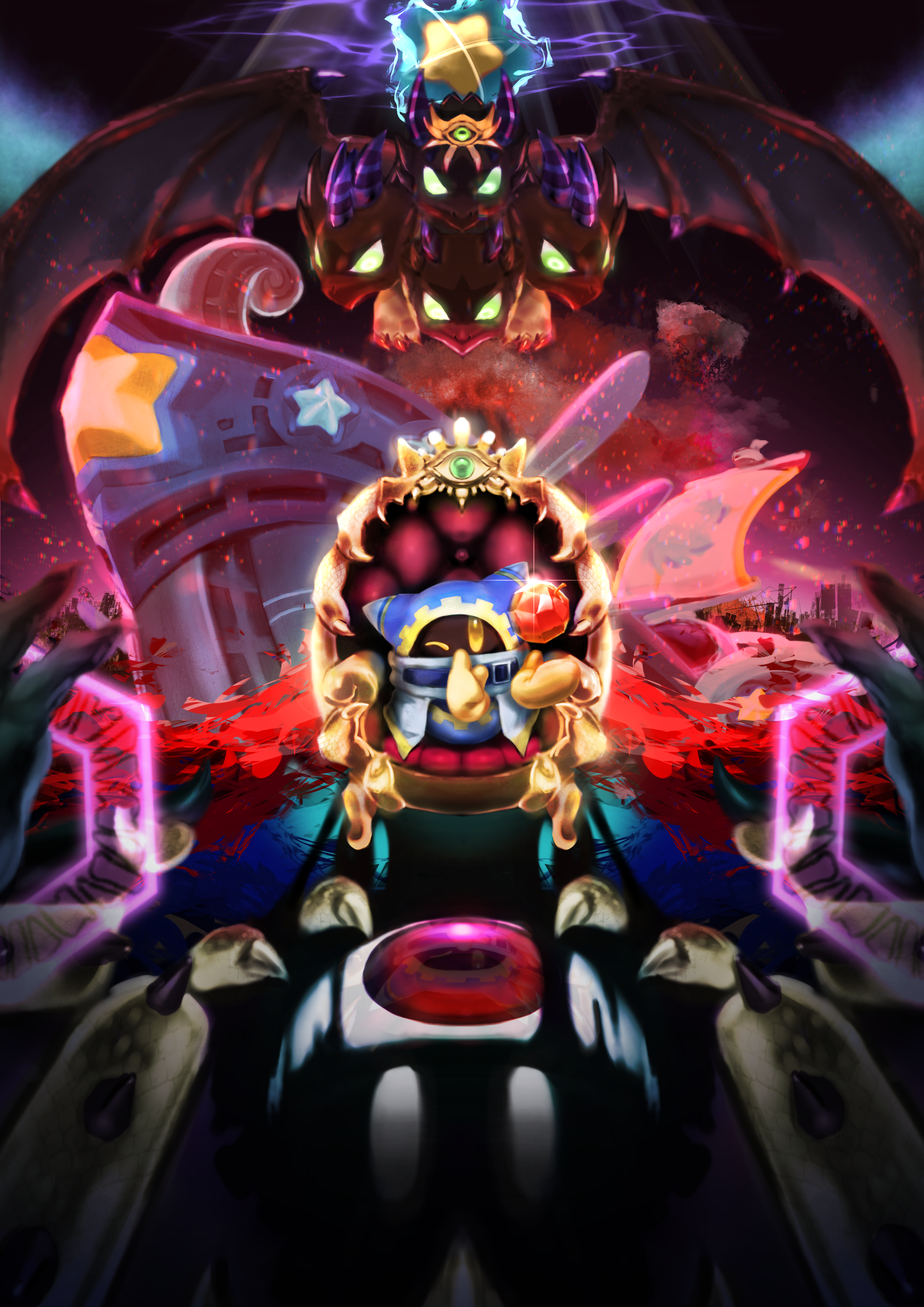 toujo, landia, lor starcutter, magolor, magolor soul, kirby's return to dream land deluxe, kirby (series), nintendo, absurdres, highres, crown, dragon, dragon horns, dragon wings, embers, gem apple, gloves, glowing, glowing eyes, green eyes, horns, looking at viewer, master crown, one eye closed, planet popstar, rayman limbs, sparkle, star (symbol), throne, wings, yellow eyes, yellow gloves