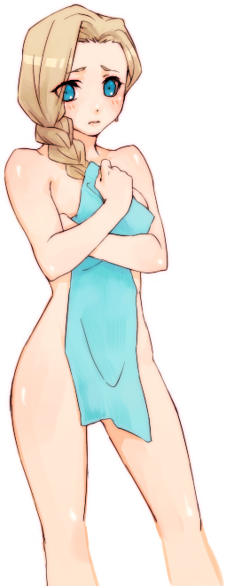 aqlism, bianca (dq5), dragon quest, dragon quest v, bad id, bad pixiv id, 1girl, blonde hair, blue eyes, blush, braid, covering privates, female focus, hair over shoulder, nude, nude cover, single braid, solo, towel