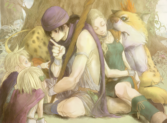 maona0813, bianca (dq5), borongo, hero's daughter (dq5), hero's son (dq5), hero (dq5), dragon quest, dragon quest v, 2boys, 2girls, age difference, blonde hair, bow, braid, brother and sister, cape, cat, child, closed eyes, dress, family, gloves, green eyes, hair bow, hair over shoulder, long hair, monster, mother and daughter, mother and son, multiple boys, multiple girls, short hair, siblings, single braid, sleeping, twins