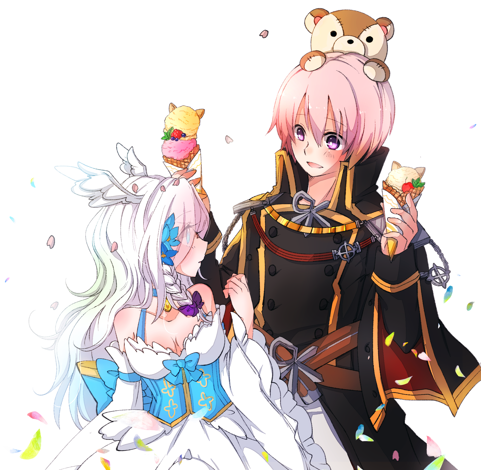 asuta (kinakomoti300), rebellion (ragnarok online), wanderer (ragnarok online), ragnarok online, commentary request, highres, 1boy, 1girl, belt, black coat, blue corset, blush, breasts, brown belt, buttons, chain, cleavage, coat, corset, cowboy shot, crepe, detached sleeves, double-breasted, dress, emblem, epaulettes, feathered wings, food, frilled dress, frilled sleeves, frills, gold trim, head wings, holding, holding crepe, holding food, ice cream crepe, long hair, looking at another, medium breasts, military uniform, official alternate costume, open mouth, petals, pink hair, purple eyes, short hair, simple background, sleeveless, sleeveless dress, smile, stuffed animal, stuffed toy, teddy bear, white background, white dress, white hair, white sleeves, white wings, wide sleeves, wings