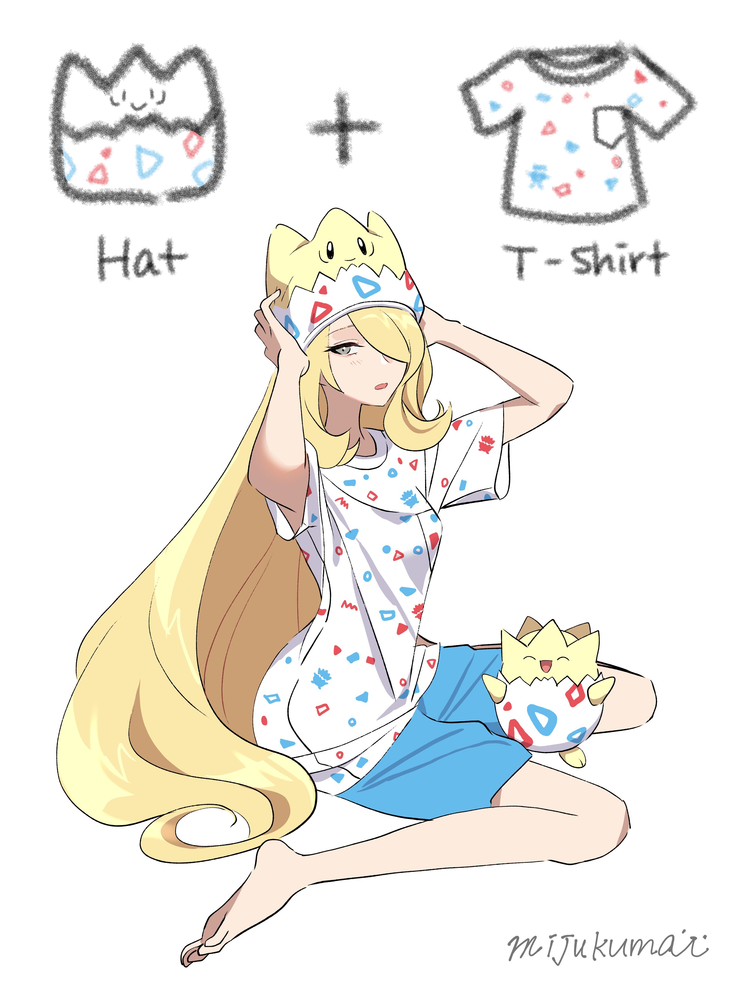 mijukuma, cynthia (pokemon), togepi, nintendo, pokemon, absurdres, highres, 1girl, artist name, blonde hair, gen 2 pokemon, hat, long sleeves, pokemon (creature), shirt, signature, simple background, t-shirt, white background