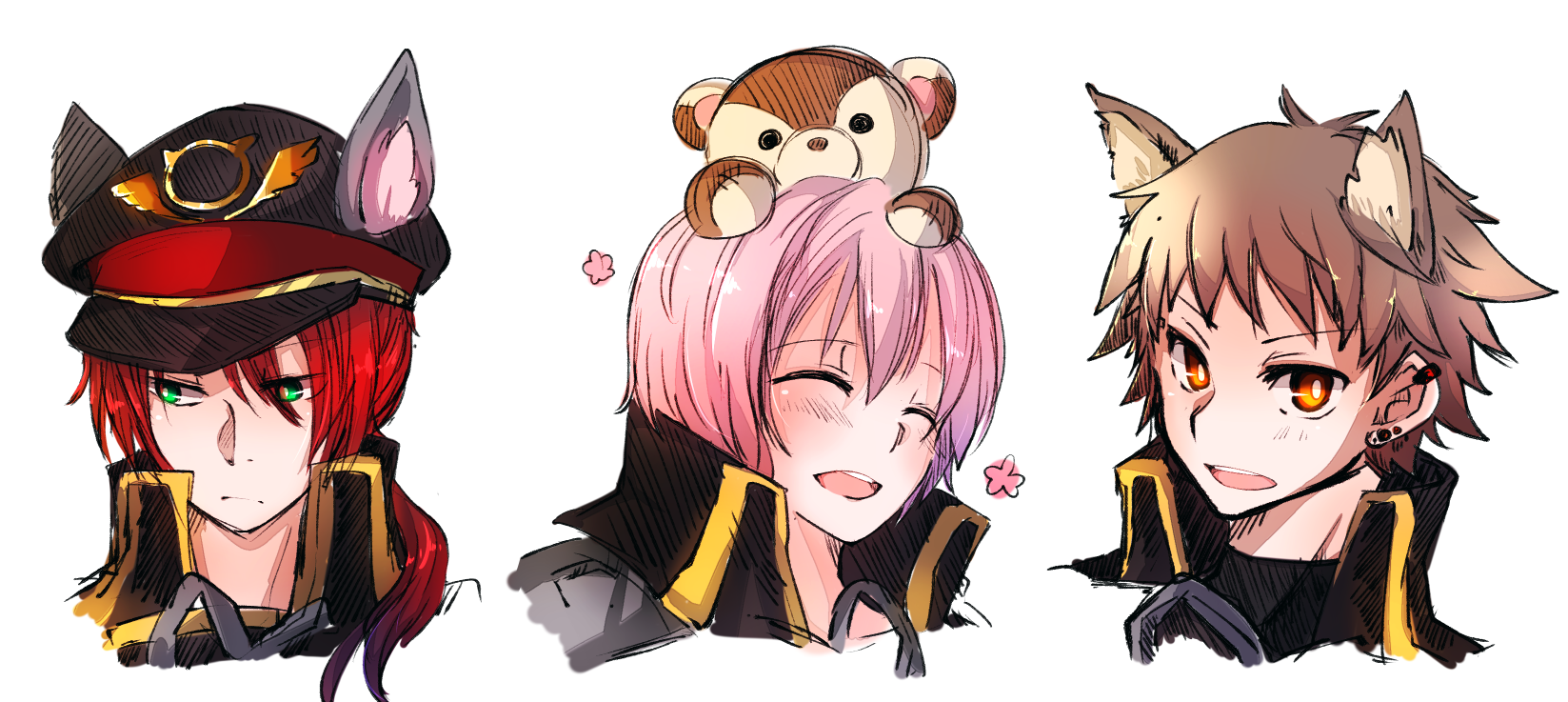asuta (kinakomoti300), rebellion (ragnarok online), ragnarok online, commentary request, highres, 3boys, animal ear headwear, animal ears, black coat, black hat, blush, brown hair, cat boy, cat ears, closed mouth, coat, doll on head, earrings, expressionless, extra ears, fake animal ears, green eyes, hat, jewelry, looking at viewer, male focus, multiple boys, newsboy cap, open mouth, orange eyes, pink hair, portrait, red hair, short hair, simple background, smile, stuffed animal, stuffed toy, teddy bear, white background