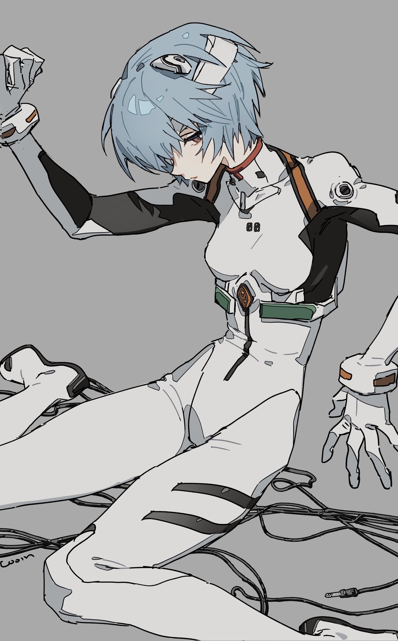 zhibuji loom, ayanami rei, neon genesis evangelion, highres, 1girl, blue hair, bodysuit, brown eyes, cable, mecha pilot suit, plugsuit (evangelion), short hair, solo, white bodysuit
