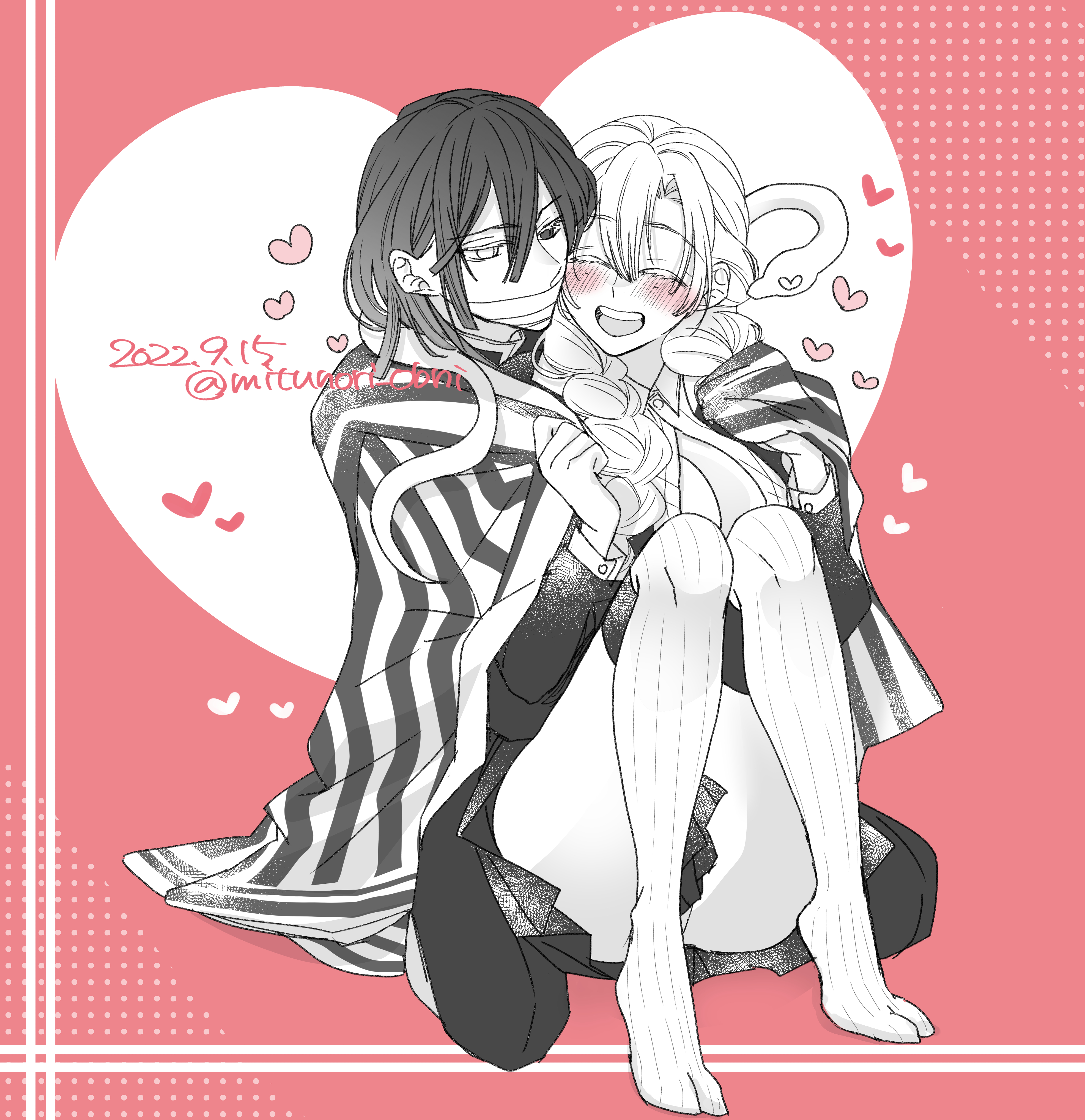 iguro obanai, kanroji mitsuri, kimetsu no yaiba, absurdres, commentary request, highres, 1boy, 1girl, bandage on face, bandages, braid, breasts, cleavage, closed eyes, couple, covered mouth, dated, full body, greyscale with colored background, haori, heart, heart background, hetero, hug, hug from behind, japanese clothes, large breasts, long hair, long sleeves, mitunori obni, mole, mole under each eye, mole under eye, multiple moles, open mouth, short hair, sitting, snake, striped clothes, teeth, thighhighs, twin braids, twitter username, upper teeth only
