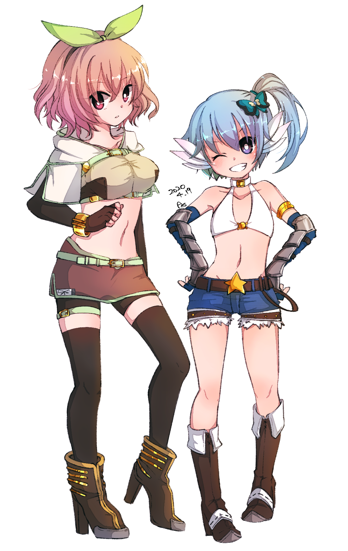 asuta (kinakomoti300), hunter (ragnarok online), whitesmith (ragnarok online), ragnarok online, commentary request, highres, 2girls, belt, belt buckle, bikini, bikini top only, black gloves, black shorts, black thighhighs, blue hair, blue shorts, blush, boots, bow, breasts, bright pupils, brown belt, brown boots, brown shirt, brown skirt, buckle, crop top, cropped jacket, dated, elbow gloves, fingerless gloves, flat chest, full body, gloves, green bow, grin, hair bow, high side ponytail, jacket, looking at viewer, medium breasts, midriff, miniskirt, multiple girls, navel, one eye closed, pink hair, purple eyes, red eyes, shirt, short hair, short shorts, short sleeves, shorts, shorts under skirt, simple background, skirt, smile, star (symbol), swimsuit, thighhighs, white background, white bikini, white jacket, white pupils