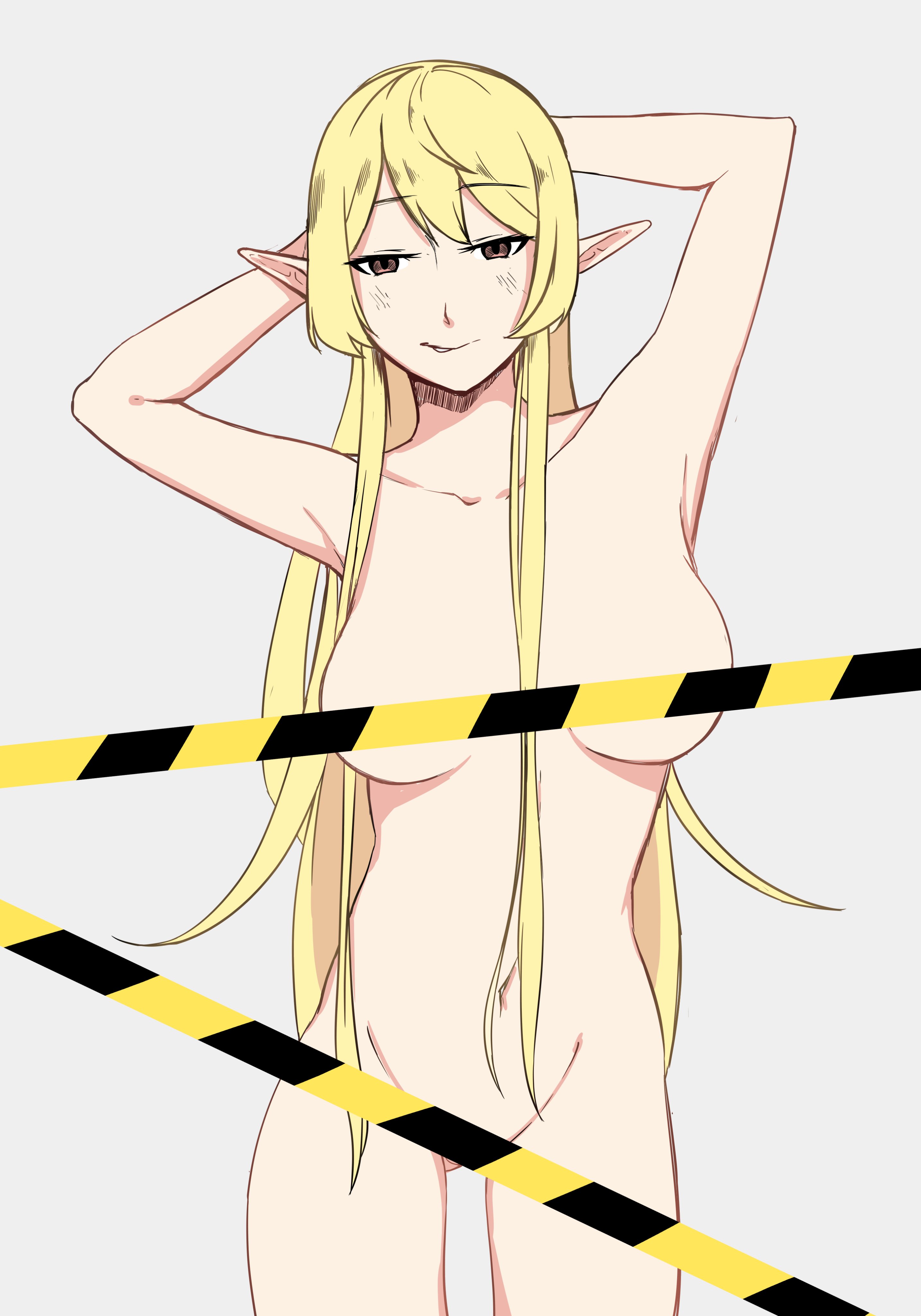 yarashi thought, pomu rainpuff, nijisanji, nijisanji en, absurdres, highres, 1girl, armpits, arms behind head, arms up, blonde hair, breasts, brown eyes, caution tape, censored, censored nipples, closed mouth, collarbone, completely nude, cowboy shot, grey background, groin, half-closed eyes, large breasts, long hair, looking at viewer, navel, nude, pointy ears, sidelocks, simple background, smile, solo, standing, tape censor, very long hair