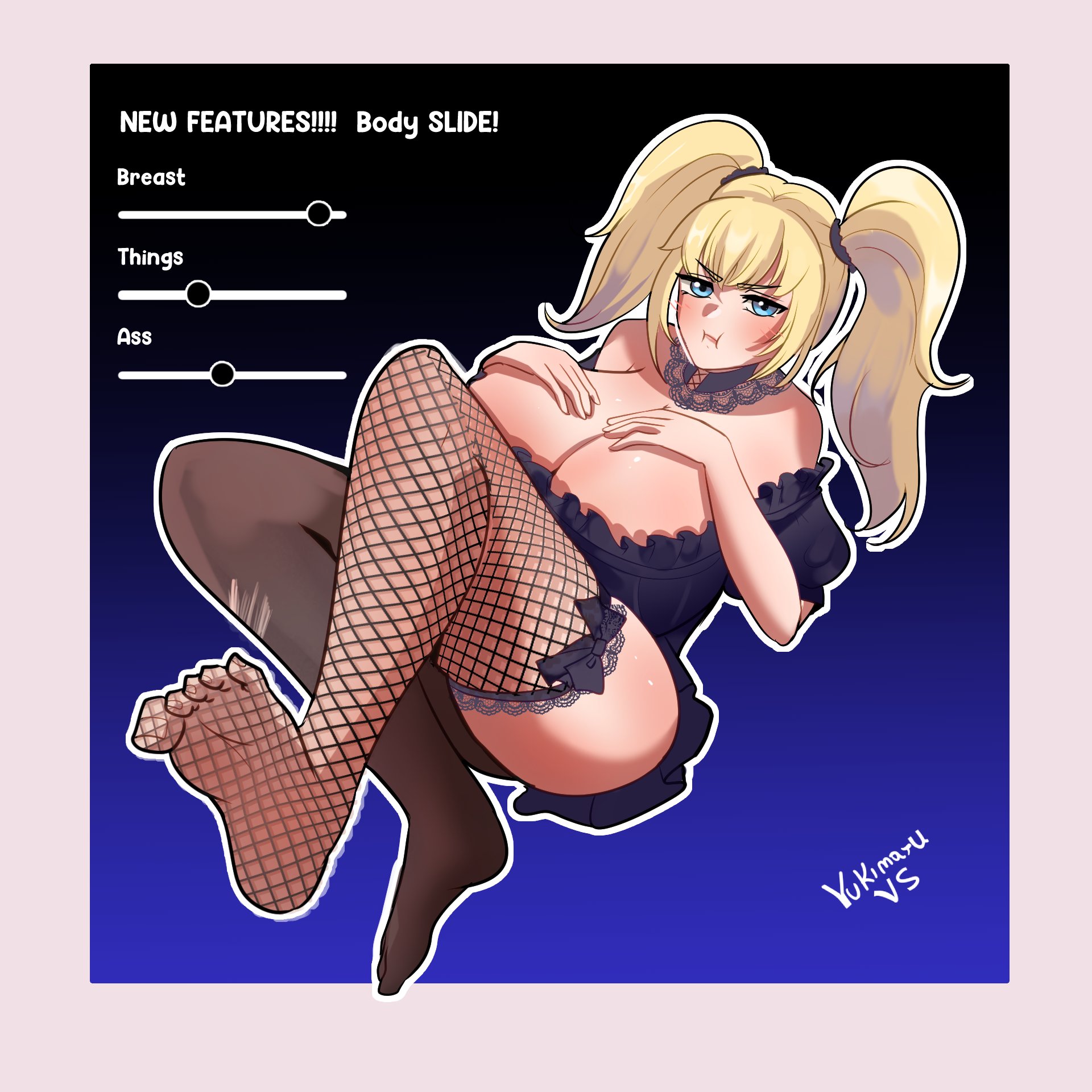 yukimaruvs, grok (xai), highres, 1girl, blonde hair, blue eyes, breast expansion, breasts, choker, fishnets, large breasts, twintails