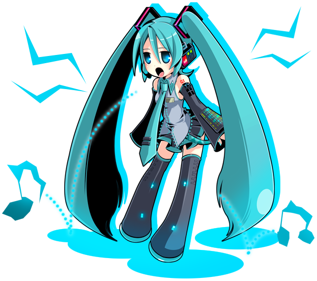 8055, hatsune miku, vocaloid, chibi, long hair, musical note, solo, thighhighs, twintails, very long hair, zettai ryouiki