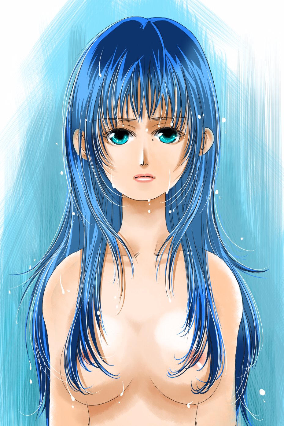chococo, flora (dq5), dragon quest, dragon quest v, bad id, bad pixiv id, highres, blue eyes, blue hair, breasts, long hair, nude, solo, tears, wet