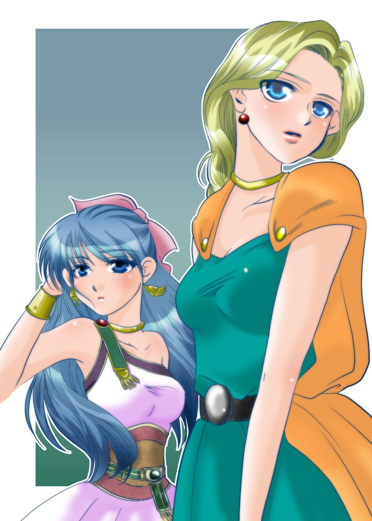 chococo, bianca (dq5), flora (dq5), dragon quest, dragon quest v, highres, 2girls, blonde hair, blue eyes, blue hair, blush, bow, bracelet, braid, cape, dress, earrings, hair bow, half updo, jewelry, long hair, multiple girls, pink bow, single braid