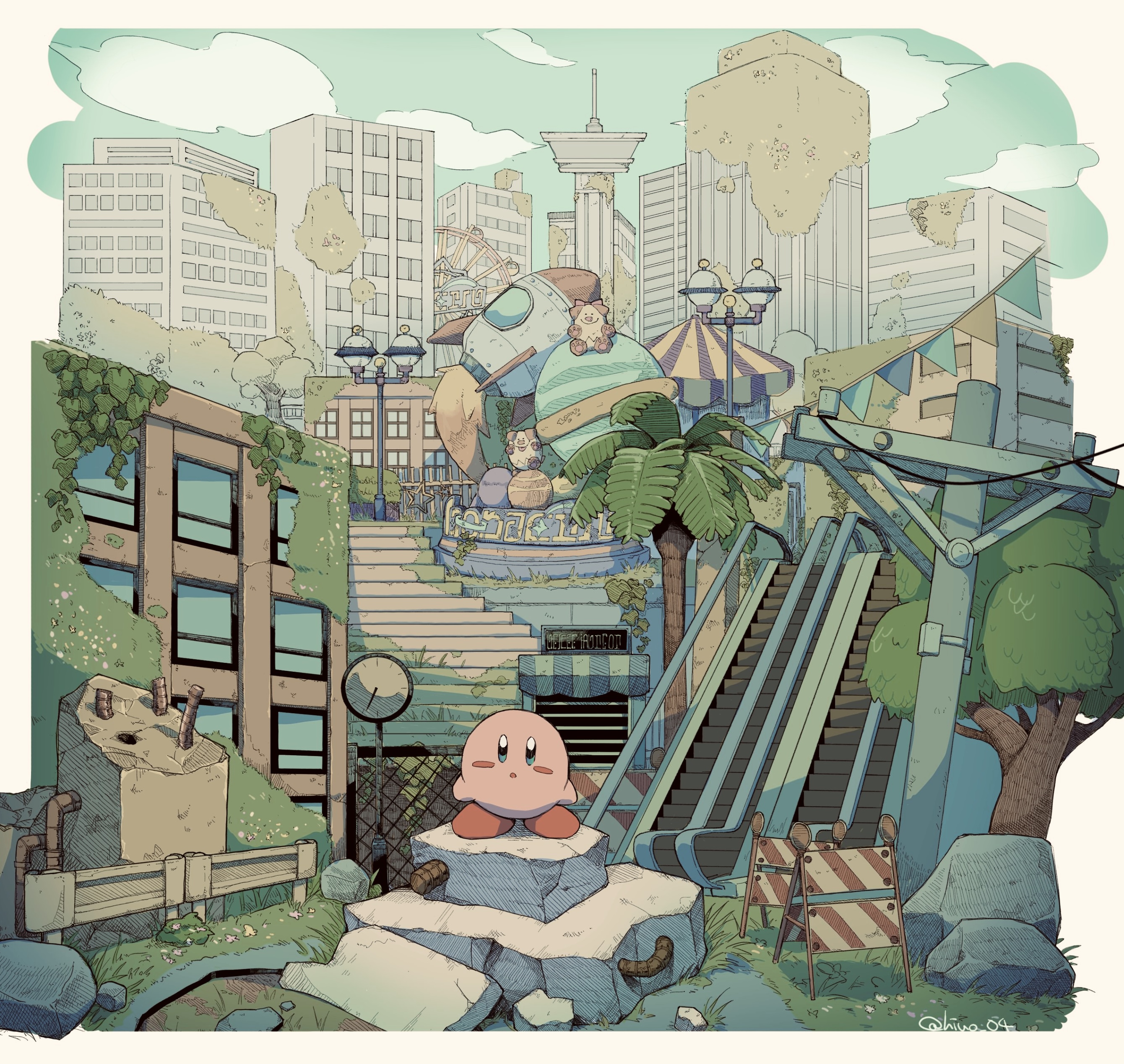 kirby, wondog, wondy, kirby (series), kirby and the forgotten land, nintendo, absurdres, highres, blush stickers, chain-link fence, clock, colored skin, escalator, fence, ferris wheel, hiuo (zppt2532), lamppost, no humans, outdoors, palm tree, pink skin, ruins, signature, string of flags, tree, utility pole
