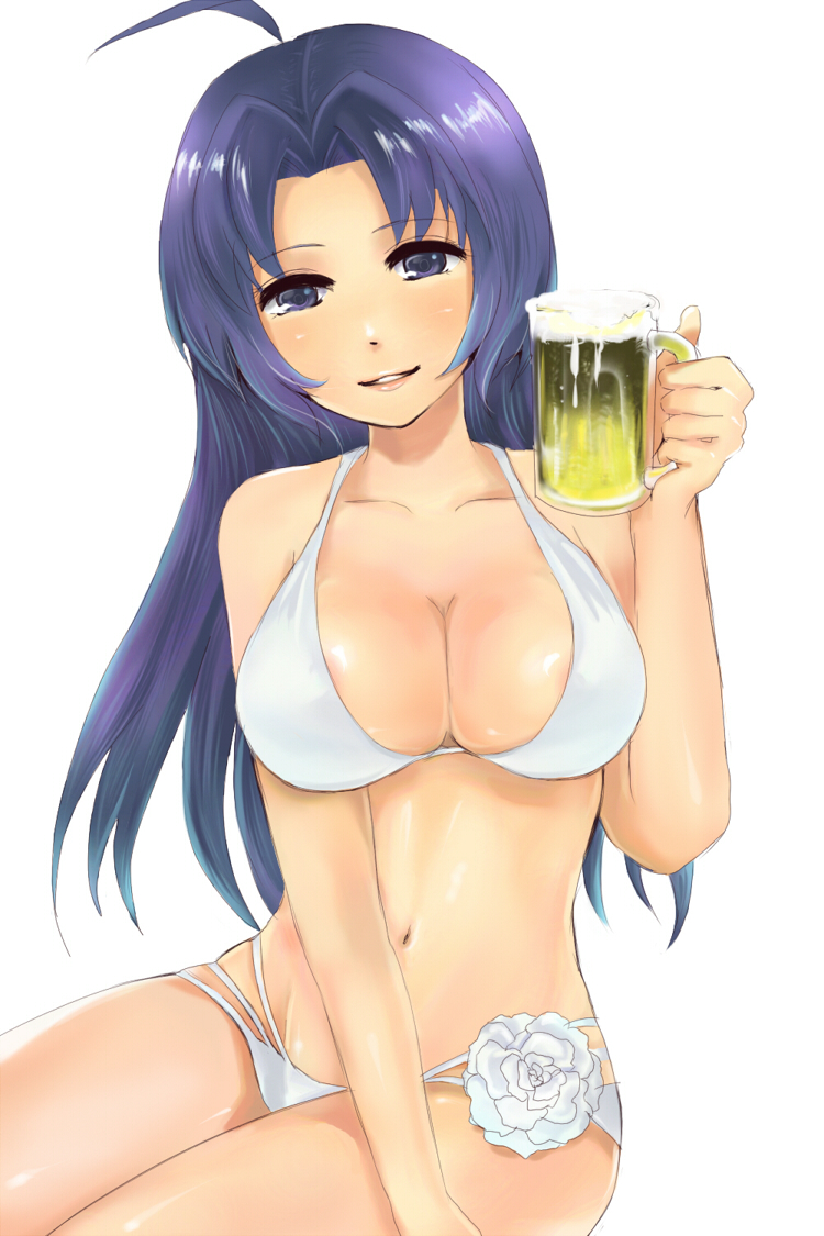 masaki (celesta), miura azusa, idolmaster, idolmaster (classic), 00s, 1girl, ahoge, alcohol, beer, bikini, blue eyes, blue hair, breasts, cleavage, cup, female focus, flower, large breasts, long hair, looking at viewer, matching hair/eyes, mug, navel, parted lips, purple eyes, purple hair, rose, shiny skin, sitting, skindentation, smile, solo, swimsuit, white bikini