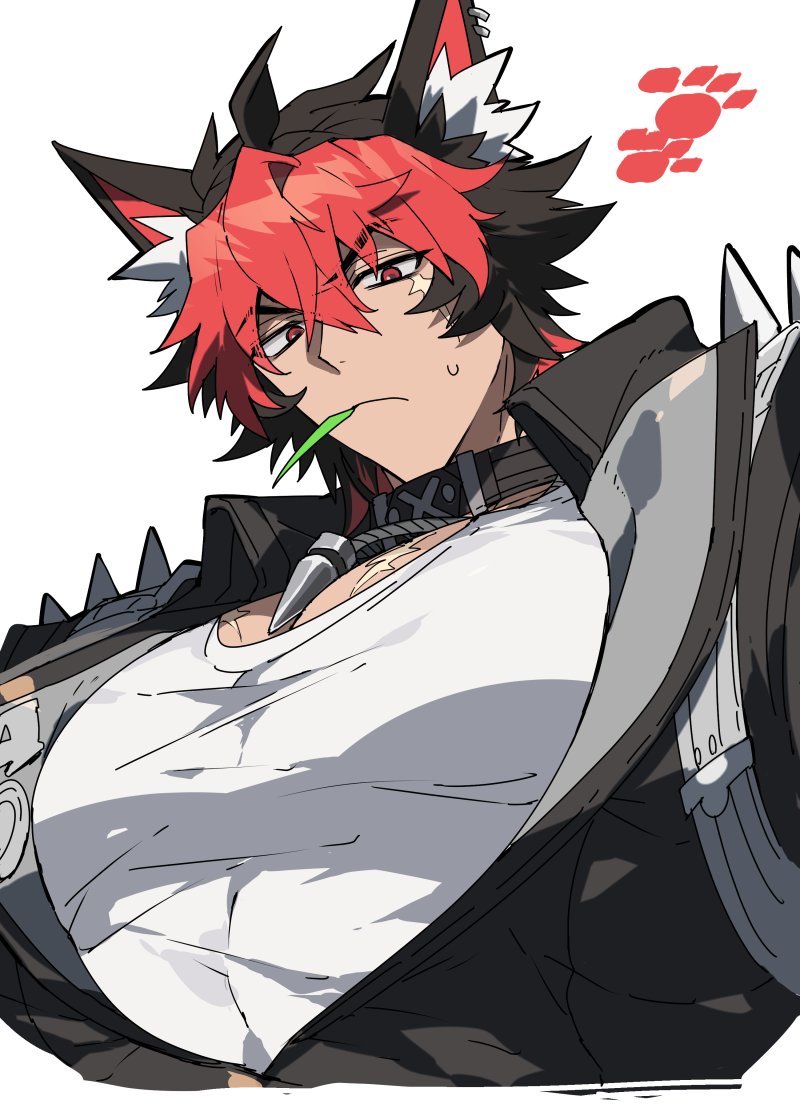 komano manato, zenless zone zero, commentary request, 1boy, 44 aaaa 44, animal ears, black choker, black hair, black jacket, choker, closed mouth, dog boy, dog ears, from below, jacket, jewelry, large pectorals, looking at viewer, male focus, multicolored hair, muscular, muscular male, necklace, pectorals, red eyes, red hair, scar, scar across eye, scar on chest, scar on face, shirt, short hair, simple background, solo, spiked jacket, white background, white shirt