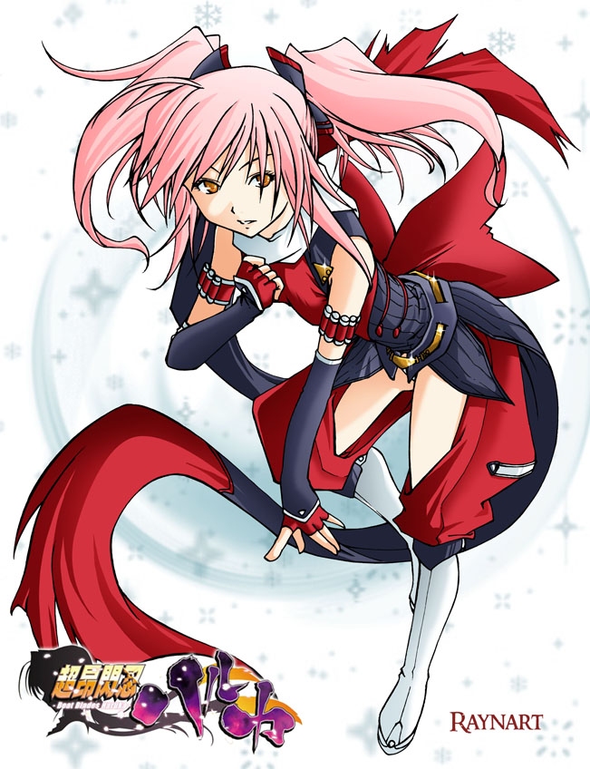 raynart, shihoudou narika, choukou (alicesoft), choukou sennin haruka, 00s, armband, bent over, boots, elbow gloves, fingerless gloves, gloves, knee boots, ninja, orange eyes, pink hair, scarf, solo, twintails
