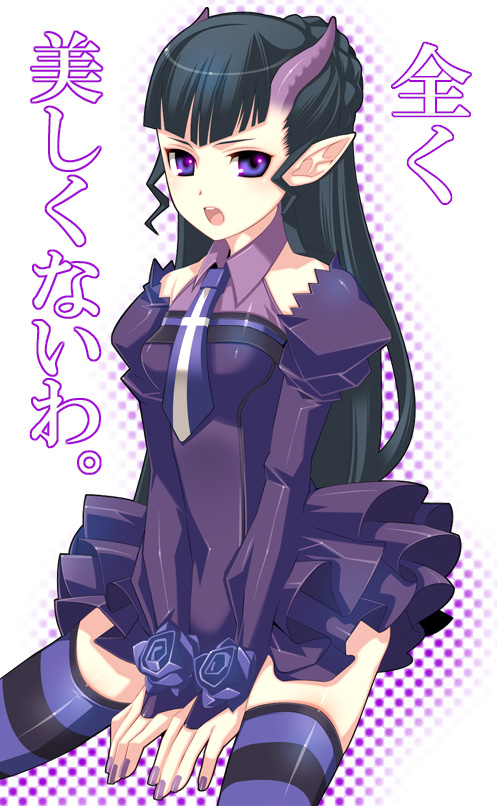 8055, elea, blassreiter, striped legwear, 00s, black hair, horns, nail polish, necktie, pointy ears, purple eyes, purple hair, thighhighs, zettai ryouiki