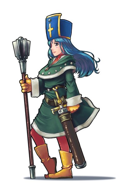 misonou hirokichi, priest (dq3), chunsoft, dragon quest, dragon quest iii, enix, square enix, 1girl, blue hair, blush, club (weapon), gloves, hat, long hair, mace, mitre, red eyes, sword, weapon