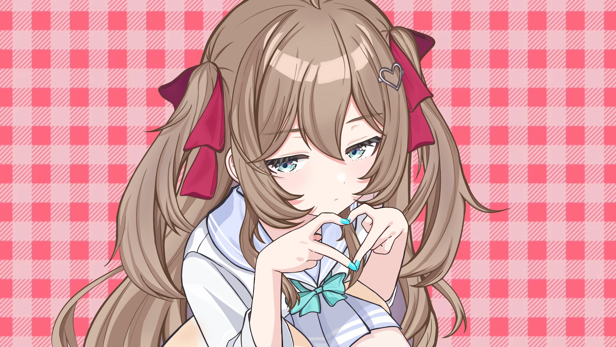 neuro-sama, cherry pop (vocaloid), highres, 1girl, aqua bow, aqua bowtie, blue eyes, blue nails, blue sailor collar, blue skirt, bow, bowtie, brown hair, closed mouth, four-finger heart hands, from above, from side, hair between eyes, hair ornament, hair ribbon, heart, heart hair ornament, heart hands, long hair, looking at viewer, nail polish, plaid background, pleated skirt, red background, red ribbon, ribbon, sailor collar, shirt, skirt, solo, two side up, upper body, vedal ai, virtual youtuber, white shirt, yumo539959
