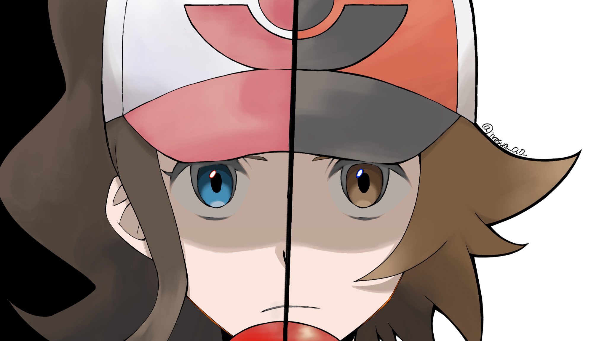 hilbert (pokemon), hilda (pokemon), nintendo, pokemon, pokemon bw, highres, 1boy, 1girl, backwards hat, baseball cap, black background, blue eyes, brown eyes, brown hair, hat, irasuto ovo, messy hair, poke ball, poke ball print, spiked hair, upper body, white background