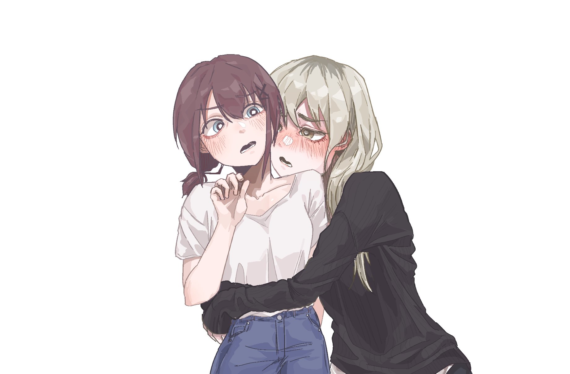iseri nina, kawaragi momoka, girls band cry, commentary, hashtag-only commentary, highres, 2girls, anger vein, black sweater, blue eyes, blue skirt, blush, brown hair, ear blush, grey eyes, grey hair, korean text, long hair, long sleeves, multicolored hair, multiple girls, open mouth, roots (hair), seokjuman, shirt, short sleeves, short twintails, simple background, skirt, sweater, twintails, white background, white shirt, yuri