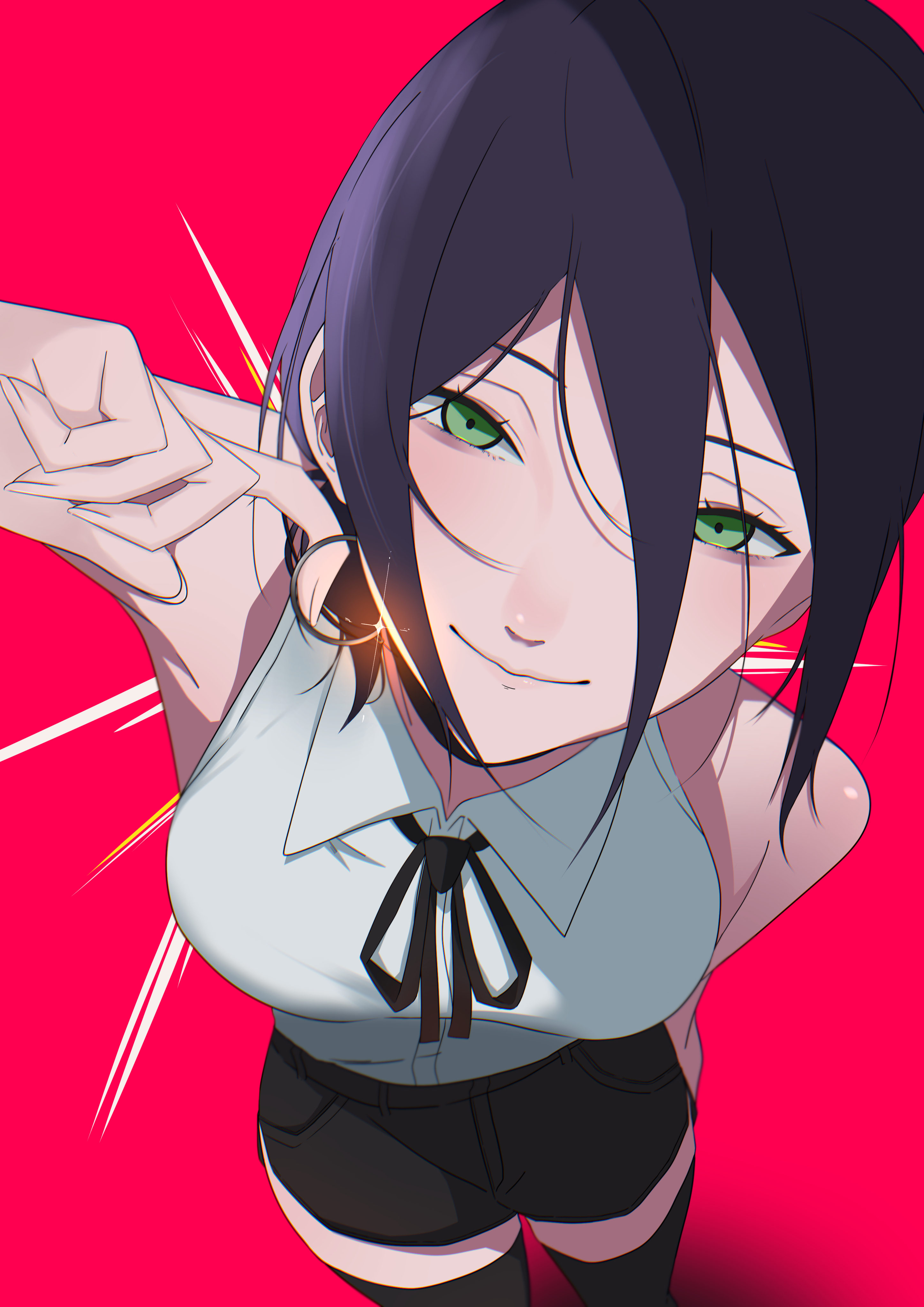 kiramoti, reze (chainsaw man), chainsaw man, absurdres, highres, 1girl, black hair, black ribbon, black shorts, black thighhighs, closed mouth, collared shirt, green eyes, grenade pin, hair between eyes, looking at viewer, neck ribbon, pink background, ribbon, shirt, shorts, smile, solo, thighhighs, white shirt