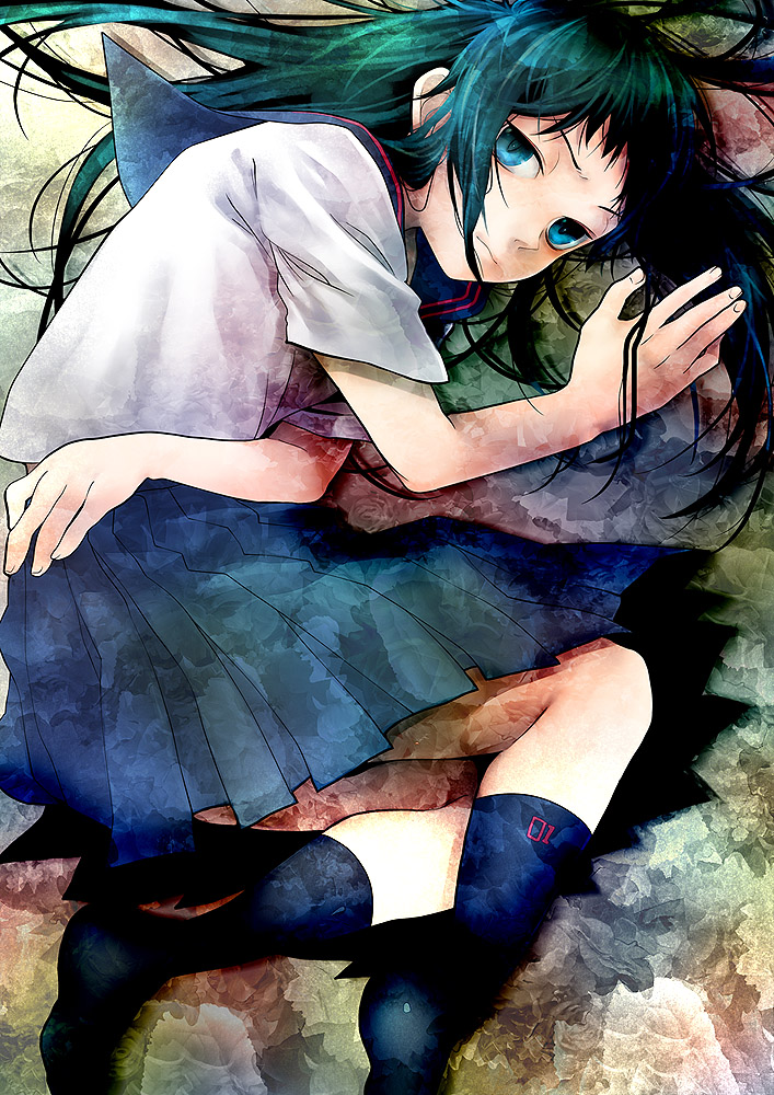 yoko (shiocolor), original, bad id, bad pixiv id, blue eyes, blue hair, colorful, long hair, lying, school uniform, serafuku, solo