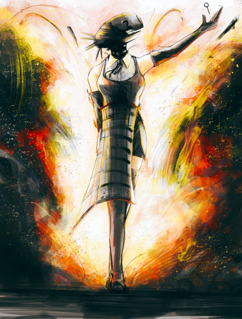 misutajobujobu, bomb devil (chainsaw man), chainsaw man, 1girl, apron, black apron, black gloves, black ribbon, black thighhighs, collared shirt, elbow gloves, explosion, explosion background, gloves, ribbon, shirt, solo, standing, thighhighs, white shirt