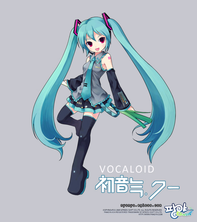 clover4th, nyanya, hatsune miku, kooh (pangya), pangya, vocaloid, 1girl, aqua hair, boots, cosplay, female focus, hatsune miku (cosplay), long hair, music, red eyes, skirt, solo, thighhighs, twintails