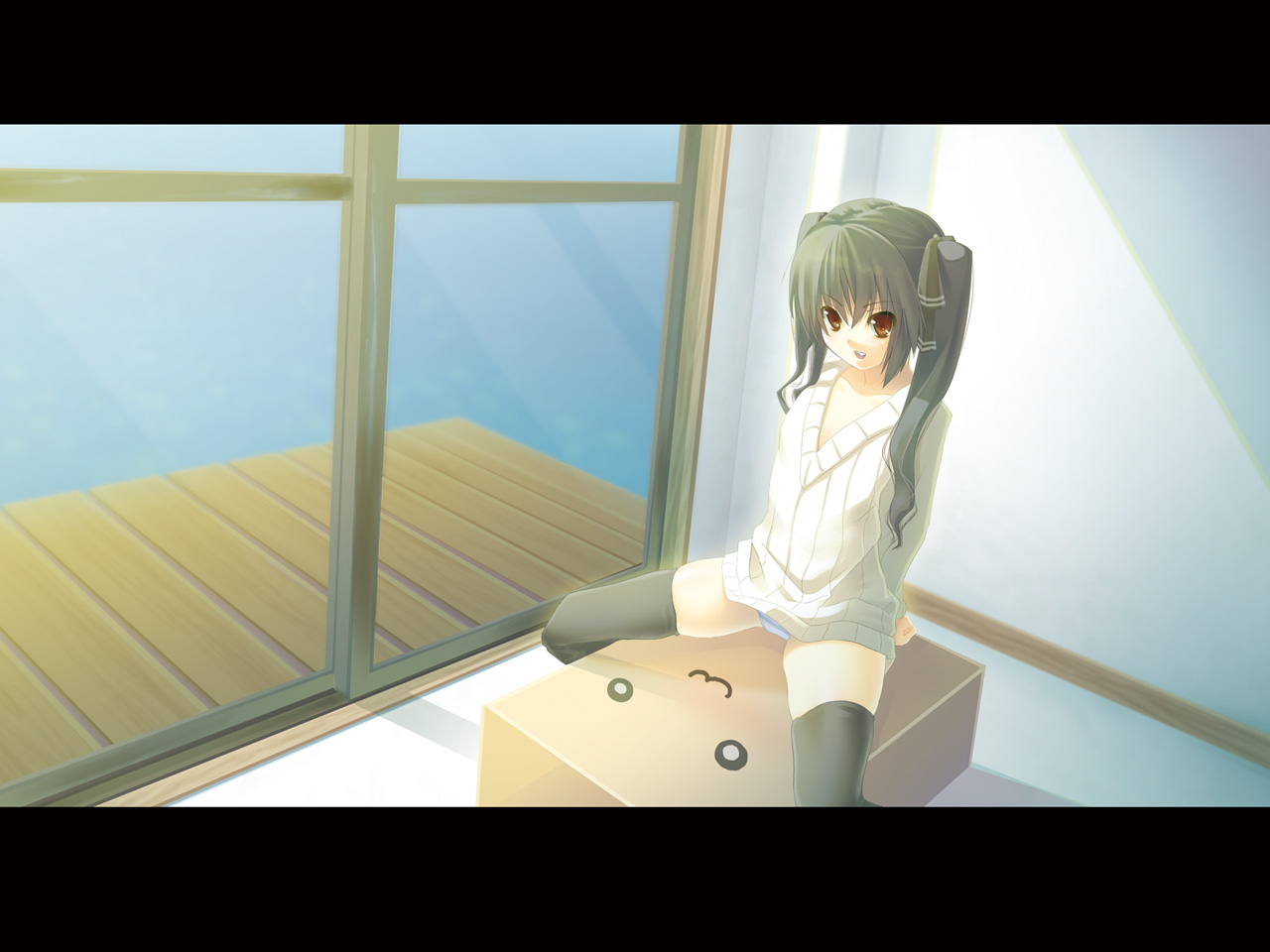 kooh (pangya), papel (pangya), pangya, 1girl, :3, arm support, black hair, black thighhighs, brown eyes, female focus, hair ribbon, letterboxed, long hair, no pants, panties, pantyshot, ribbon, sitting, solo, striped clothes, striped panties, sweater, thighhighs, twintails, underwear, white panties
