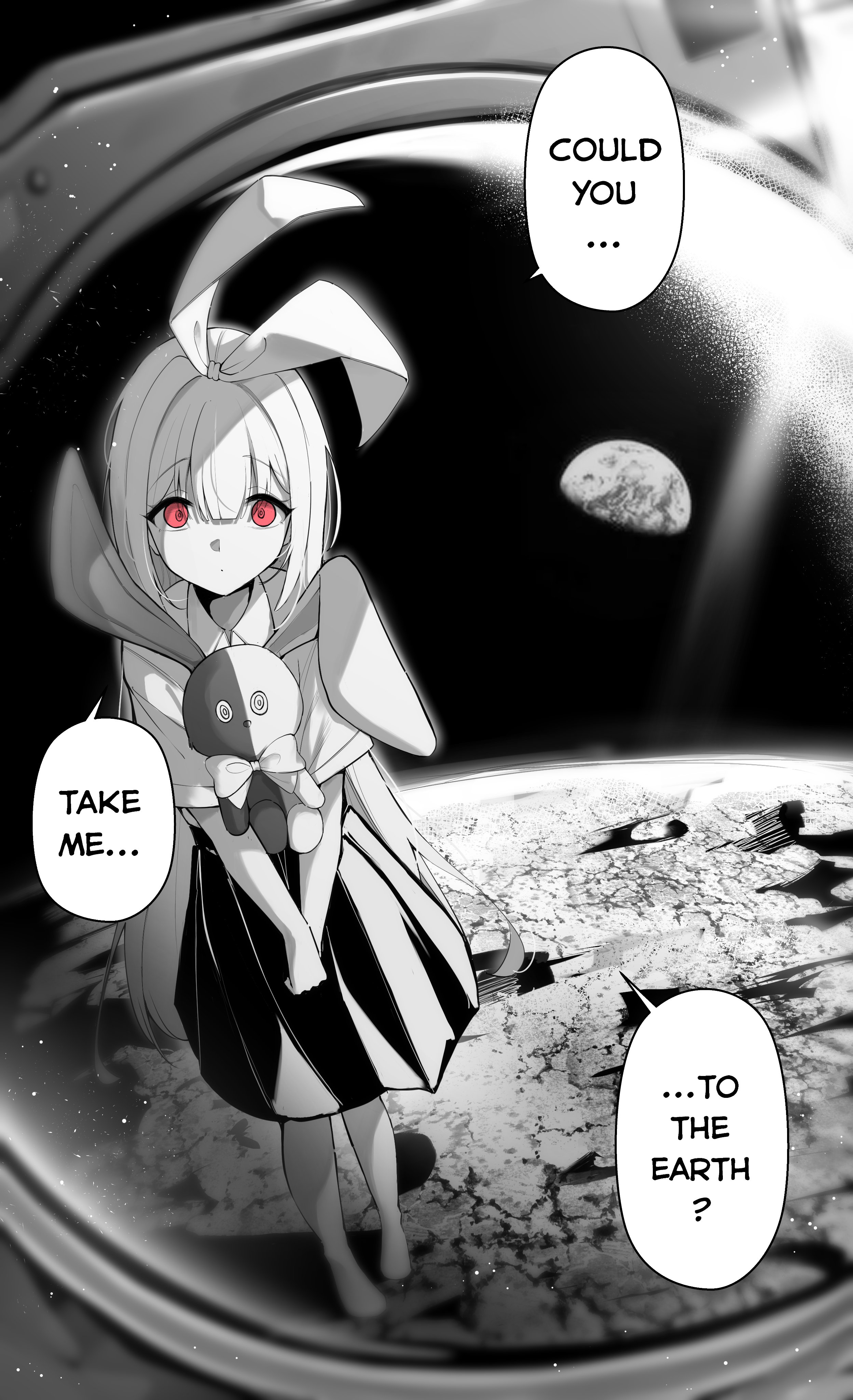 clover dot (clov erd), original, absurdres, commentary, english commentary, highres, 1girl, bow, closed mouth, collared shirt, dot mouth, earth (planet), empty eyes, english text, full body, greyscale, hair bow, long hair, looking at viewer, monochrome, on moon, own hands together, planet, pov, red eyes, ringed eyes, shirt, short sleeves, skirt, solo, space, speech bubble, spot color, standing, stuffed animal, stuffed rabbit, stuffed toy, tareme