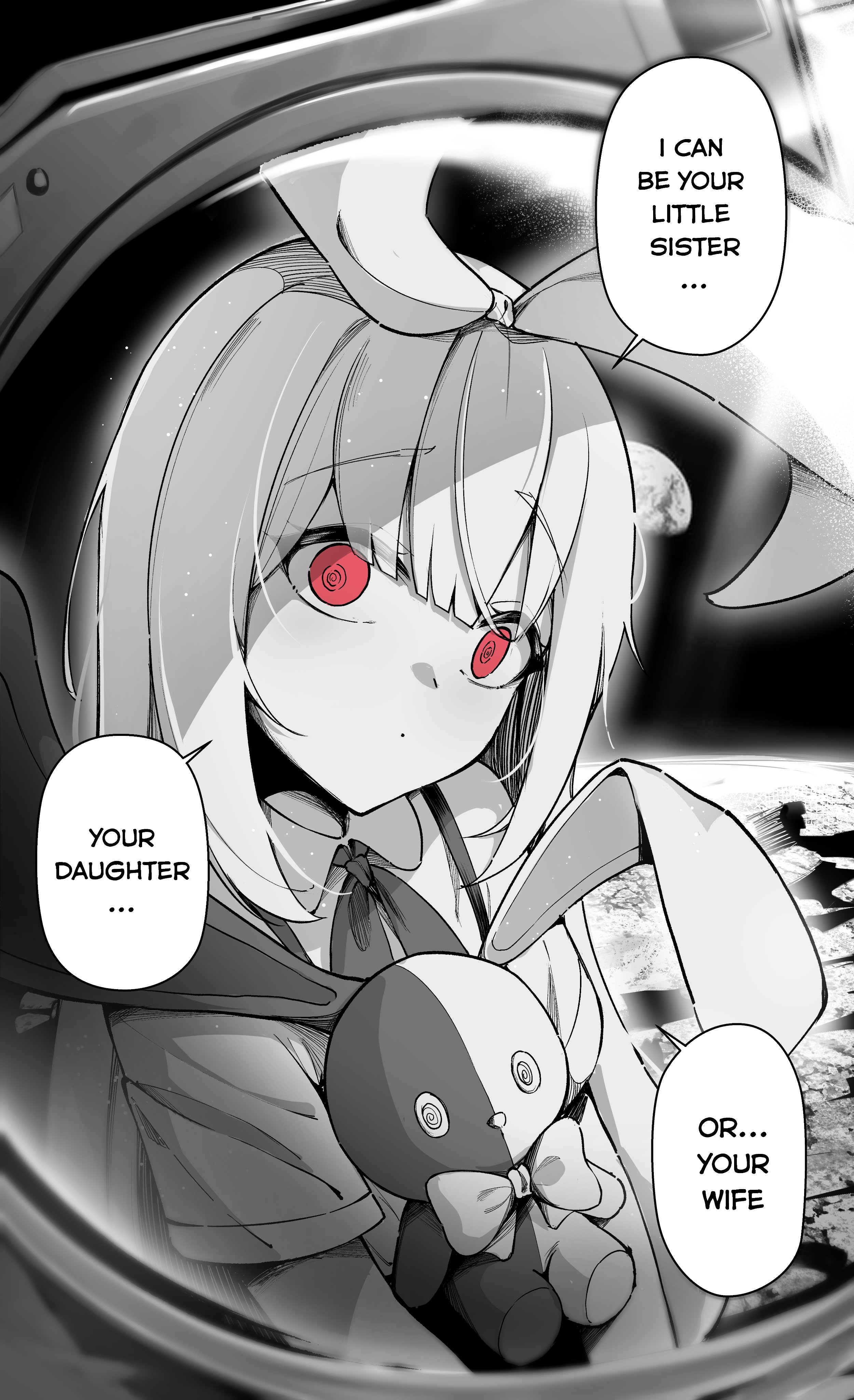 clover dot (clov erd), original, absurdres, commentary, english commentary, highres, 1girl, bow, closed mouth, collared shirt, dot mouth, empty eyes, english text, greyscale, hair bow, long hair, looking at viewer, monochrome, on moon, pov, red eyes, ringed eyes, shirt, short sleeves, solo, space, speech bubble, spot color, stuffed animal, stuffed rabbit, stuffed toy, tareme, upper body