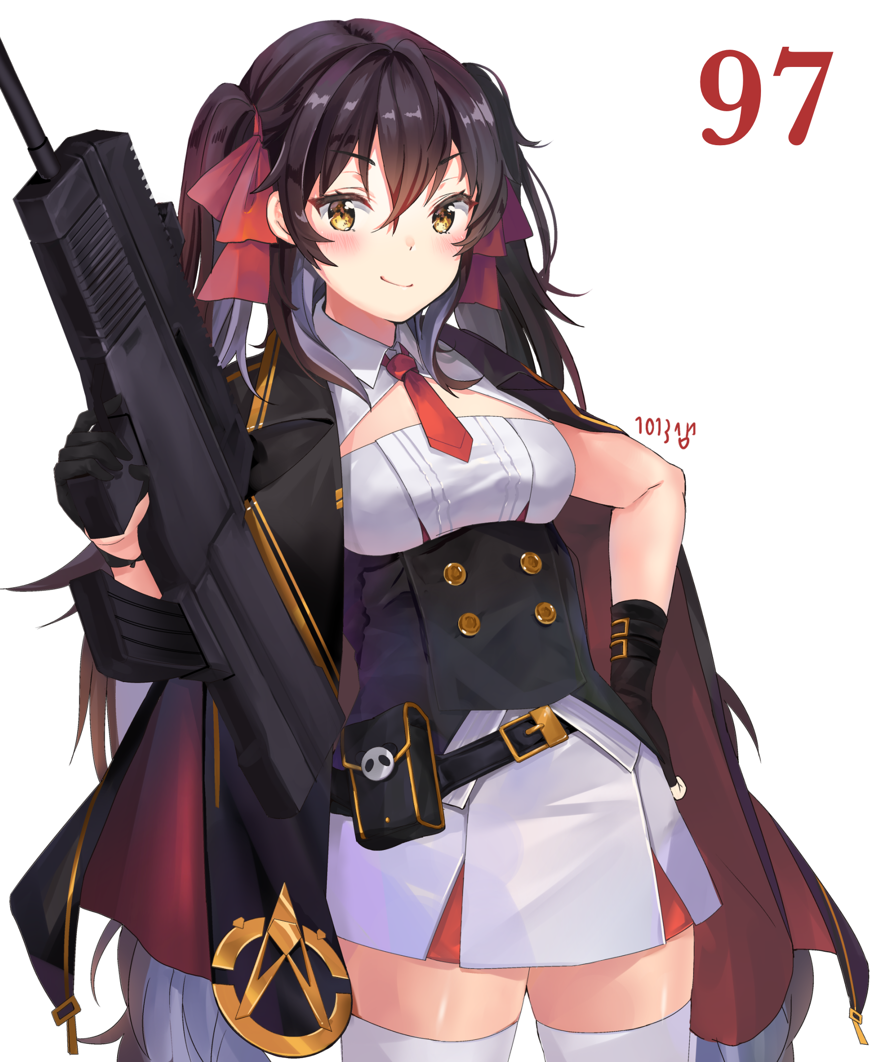kkrin1013, type 97 (girls' frontline), girls' frontline, commentary request, highres, 1girl, artist name, black gloves, breasts, brown eyes, brown hair, buttons, chinese clothes, cowboy shot, double-breasted, dress, fingerless gloves, gloves, hair between eyes, hair ribbon, hand on own hip, long hair, looking at viewer, necktie, qbz-97, red necktie, red ribbon, ribbon, simple background, solo, thighhighs, twintails, white background, white dress, white thighhighs