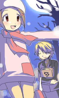 kurot, ishida yamato, yagami hikari, digimon, digimon adventure 02, lowres, 00s, blonde hair, brown eyes, brown hair, closed eyes, hat, moon, scarf, winter