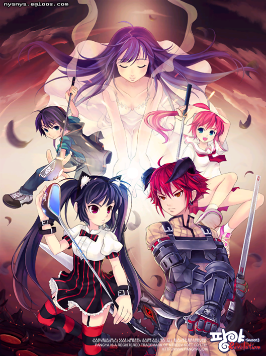 hana, lee byung hee, arin (pangya), hana (pangya), kaz (pangya), kooh (pangya), nuri (pangya), pangya, official art, 2boys, 3girls, animal ears, black hair, blue hair, cat ears, dress, gloves, golf club, green eyes, horns, long hair, multiple boys, multiple girls, ponytail, red eyes, red hair, shoes, short hair, sky, socks, sword, thighhighs, twintails, weapon