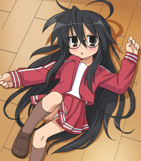 haruyama kazunori, izumi konata, kurokona, lucky star, 00s, 1girl, alternate hair color, black hair, blush, brown socks, female focus, glasses, jacket, kneehighs, long hair, lying, on back, on floor, panties, red skirt, school uniform, skirt, socks, solo, track jacket, underwear, very long hair, white panties