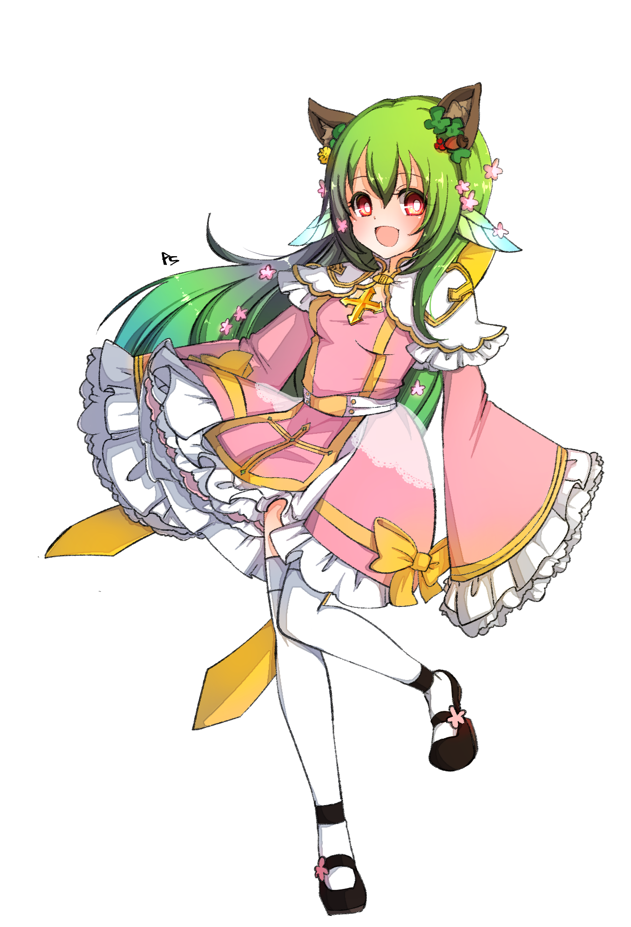 asuta (kinakomoti300), arch bishop (ragnarok online), ragnarok online, commentary request, highres, 1girl, :d, animal ears, black shoes, blush, bow, breasts, bright pupils, cat ears, cat girl, cleavage cutout, clothing cutout, cross, dress, dress bow, frilled dress, frilled sleeves, frills, full body, green hair, long hair, looking at viewer, mary janes, medium breasts, official alternate costume, open mouth, pink dress, red eyes, shoes, simple background, sleeves past fingers, sleeves past wrists, smile, solo, thighhighs, two-tone dress, white background, white dress, white pupils, white thighhighs, yellow bow